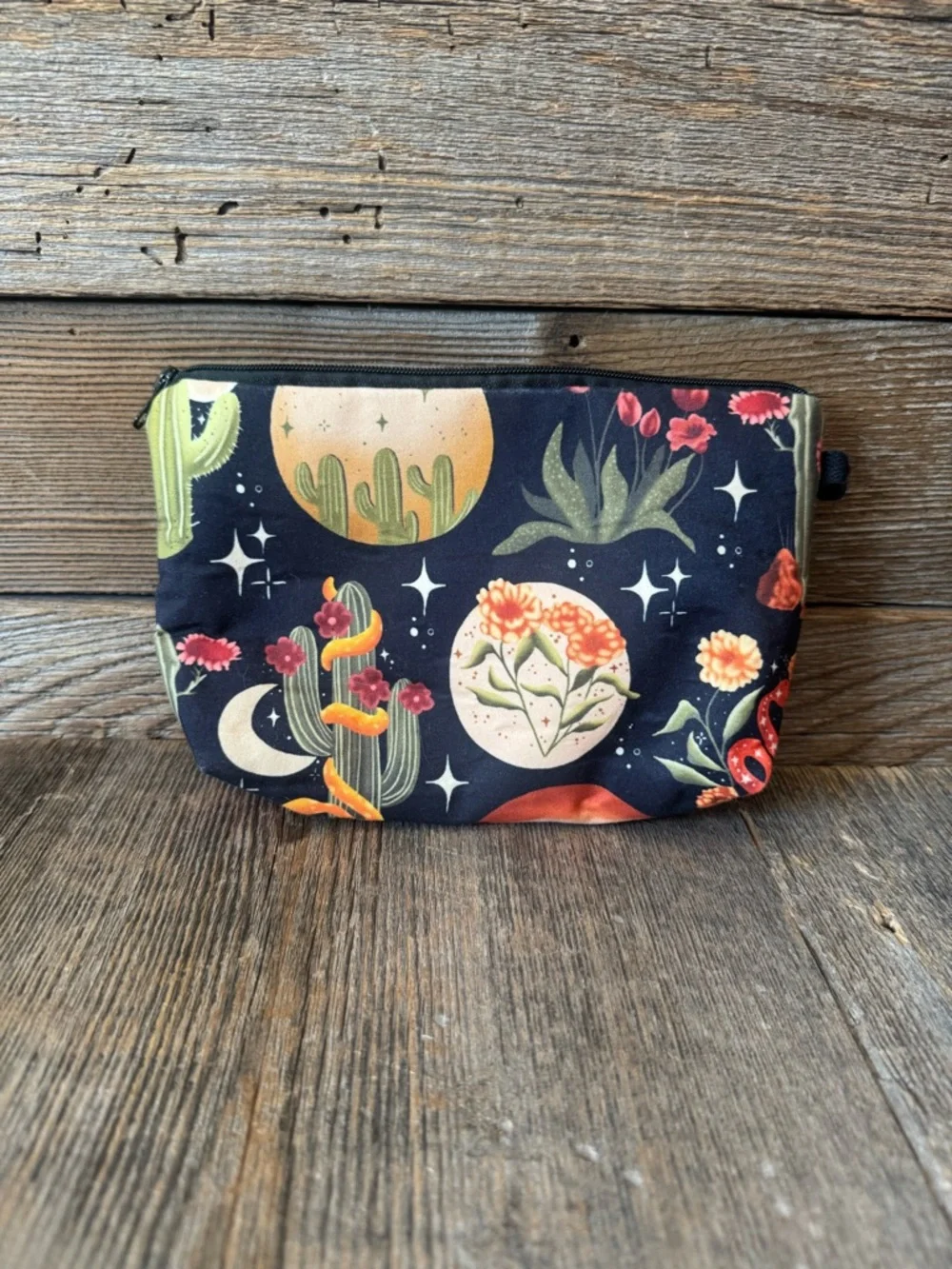 Celestial Desert Floral Zip Pouch - Black with Green, Orange & Pink Accents